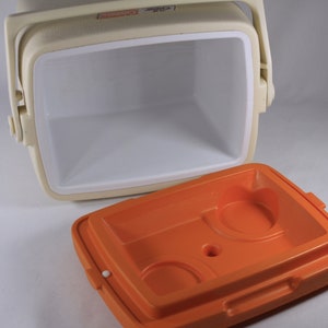 Vintage Coleman Lil Oscar cooler, model 5272 white with orange lid / cup holder, Made in Canada May 1985 image 6