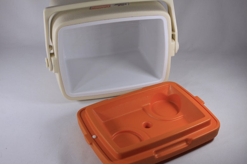 Vintage Coleman Lil Oscar cooler, model 5272 white with orange lid / cup holder, Made in Canada May 1985 image 6