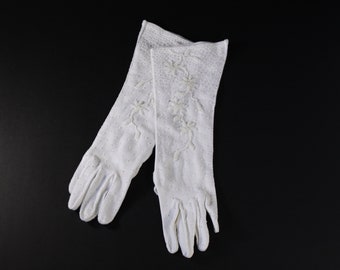 Long white felt beaded gloves size 6.5-7, vintage wedding bridal gloves 1950s Hong Kong