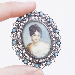 Antique miniature watercolour portrait and turquoise stones silver filigree brooch, antique lovers brooch, pendant necklace gift for women