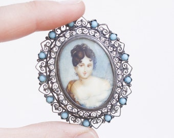 Antique miniature watercolour portrait and turquoise stones silver filigree brooch, antique lovers brooch, pendant necklace gift for women