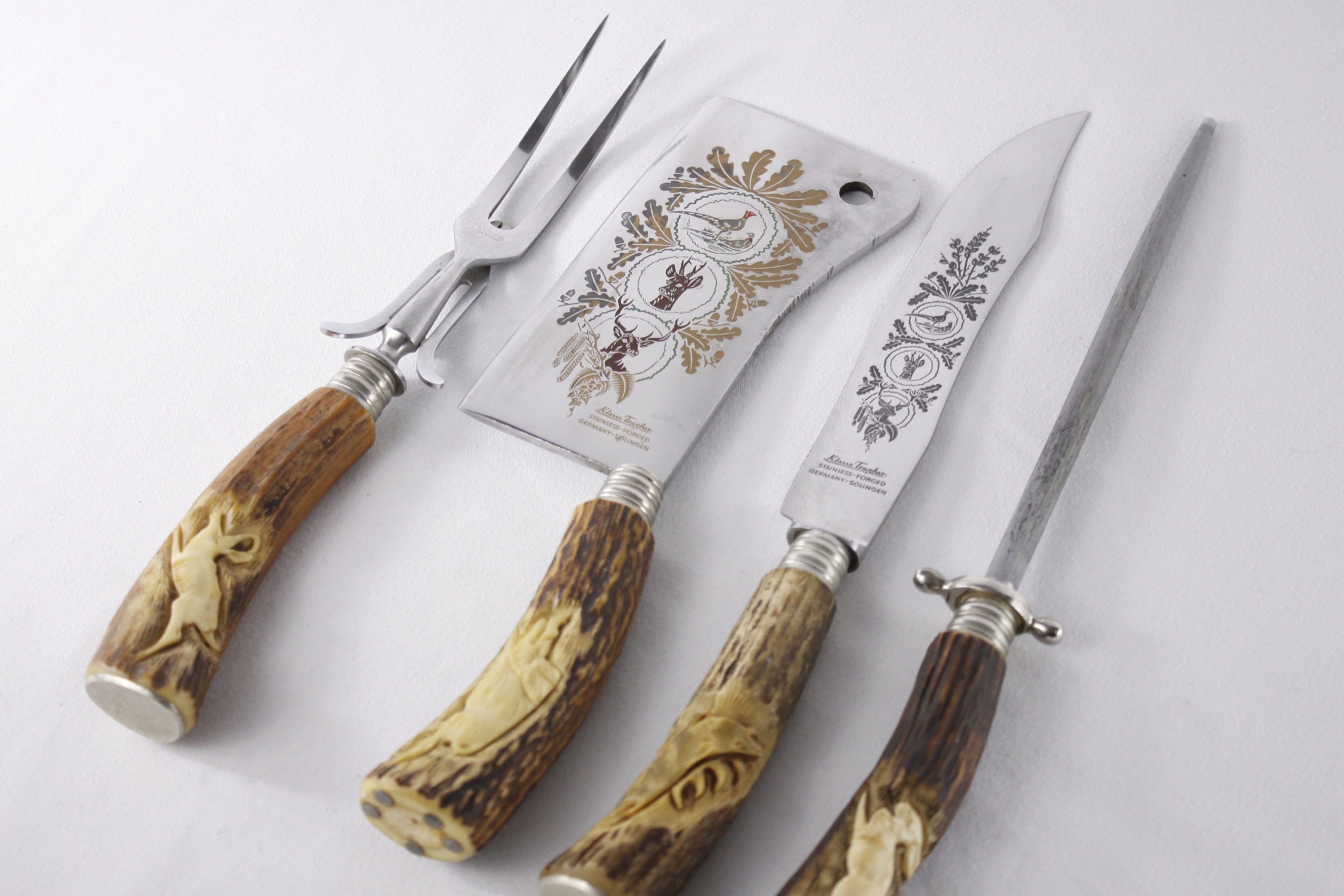 Vintage Klaus Tragbar Meat Honing Set Germany Carved Etsy / Antler Steel Steel, Handled Solingen Stainless Carving - / Cleaver