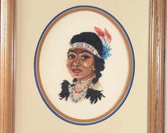 Jean McIntosh Native American Portrait of a Young woman Framed Cross stitch, Vintage First Nations Petit Point Needlework