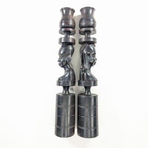 Vintage African carved wooden candlestick holders, Hand made portrait carvings cottage core slow fashion home decor, housewarming gift