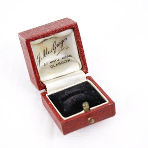 Antique wedding ring box, vintage red ring box, J. MacGregor Argyll Arcade Glasgow, heirloom jewelry storage box red pebble paper