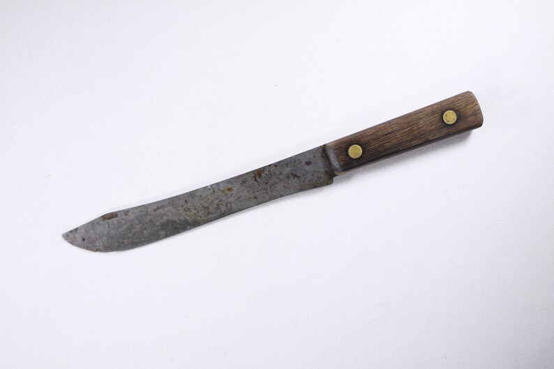 Antique Carbon steel butchers knife, full tang wood handled chefs blade, Vintage wood handle chefs knife image 5