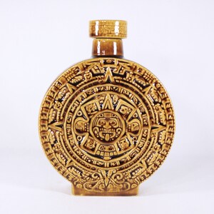 Vintage Aztec calendar decanter, Mayan Calendar ceramic flask in ochre yellow / caramel brown, tiki bar decor, Kahlua Decanter bottle image 2