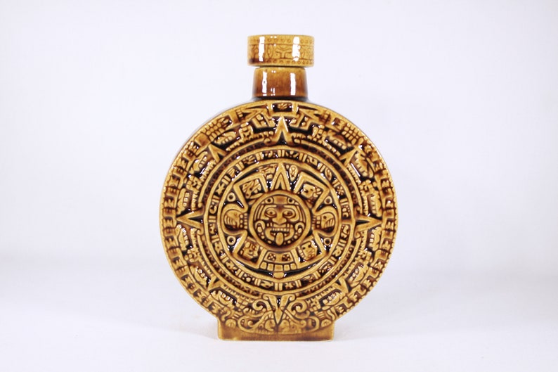 Vintage Aztec calendar decanter, Mayan Calendar ceramic flask in ochre yellow / caramel brown, tiki bar decor, Kahlua Decanter bottle image 2