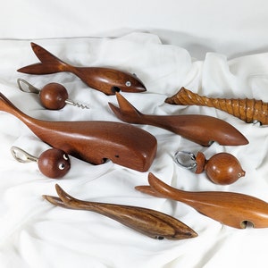 Large teak whale bottle opener, mid century modern bar wares, nautical home decor image 10