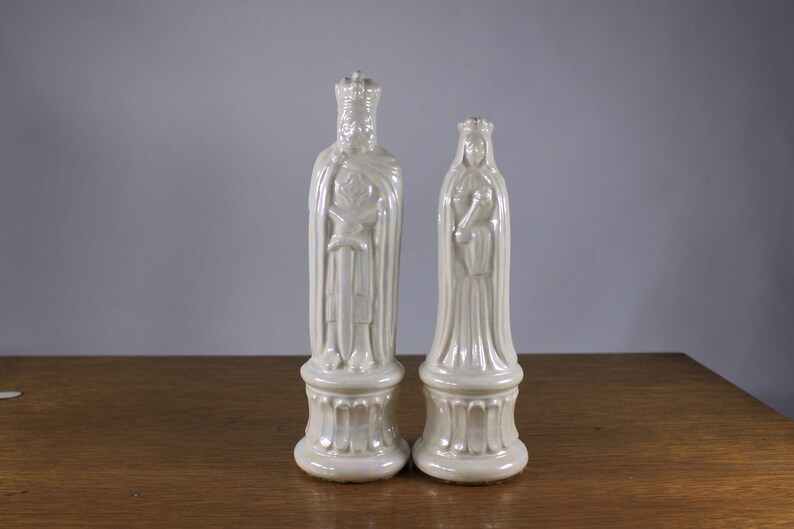 PAIR 66.5 Medieval King and Queen wedding cake toppers pearlescent porcelain, vintage large ceramic chess pieces image 3