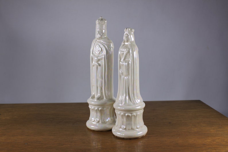 PAIR 66.5 Medieval King and Queen wedding cake toppers pearlescent porcelain, vintage large ceramic chess pieces image 5