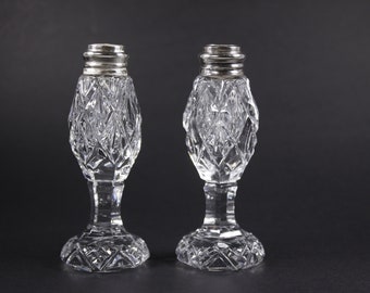 Cut Glass Salt and Pepper Shakers with Sterling and mother of pearl Lids, tall glass shakers,