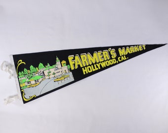 Vintage 27" NEON Hollywood Farmers Market pennant green yellow, vintage travel tourist souvenir