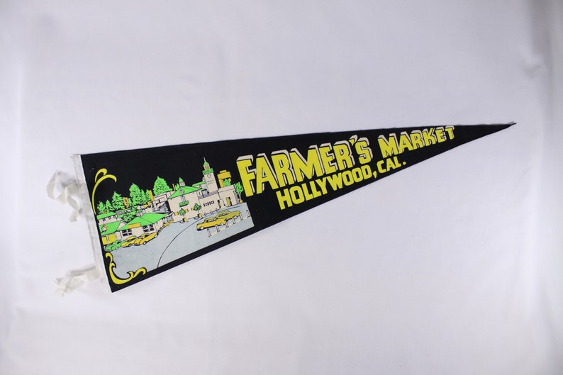 Vintage 27 NEON Hollywood Farmers Market pennant green yellow, vintage travel tourist souvenir image 1