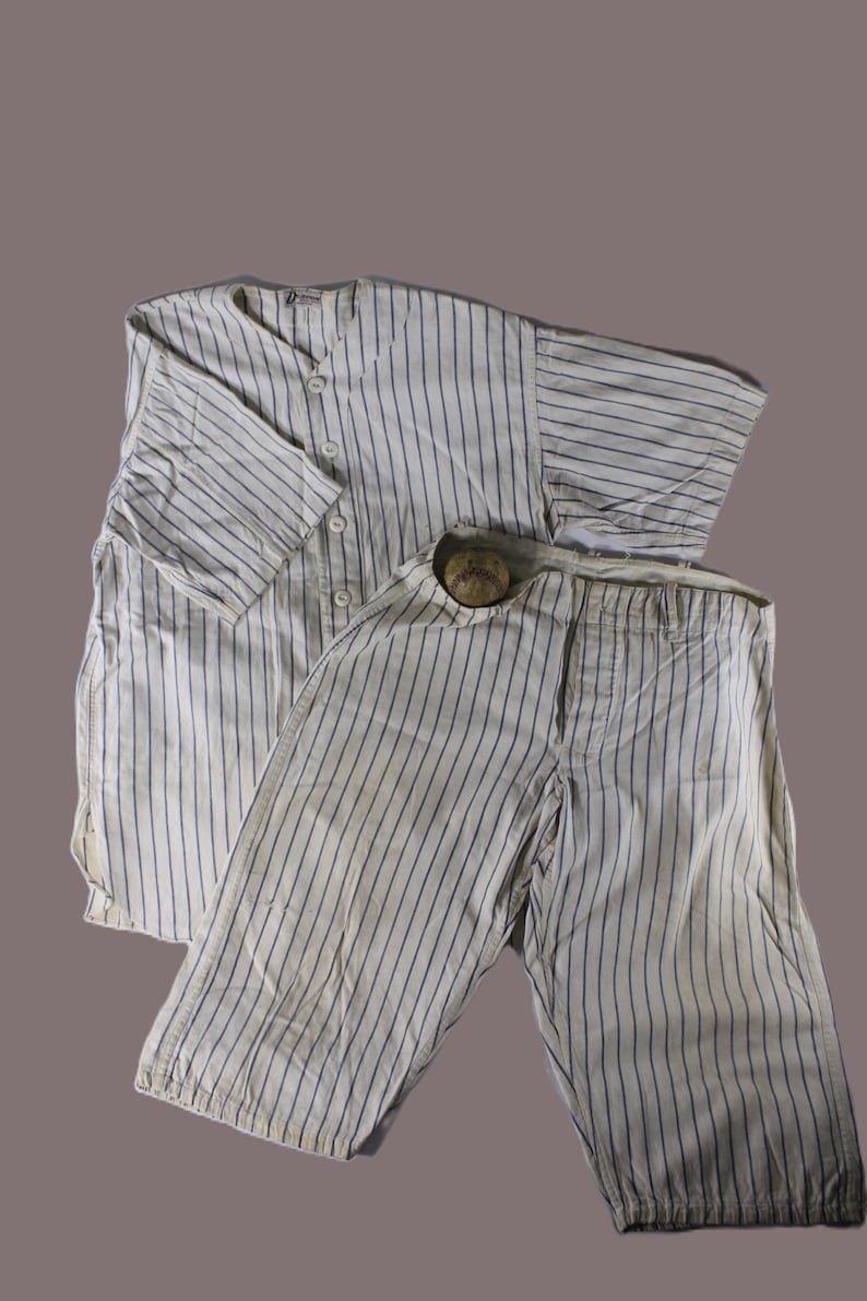 ca 1930s striped Baseball uniform and leather baseball, Sport collectible uniform, vintage sport equipment for TV movie prop or display image 2