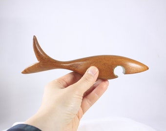 Vintage minimalist teak shark bottle opener, Nautical Danish mid century modern bar wares, wood carved fish tiki bar home decor