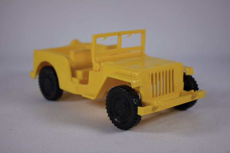Vintage plastic Jeep Toy Willys jeep made in Canada CHOOSE Yellow or Green ca 1980s image 6