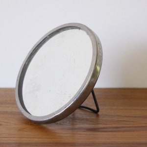 Old round strut mirror with thick glass, vintage shaving mirror, rustic home decor