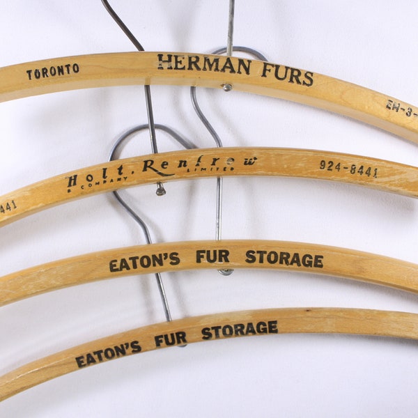 SET of 4 vintage wooden fur coat hanger, EATONS fur storage, Holt Renfrew, Herman Furs