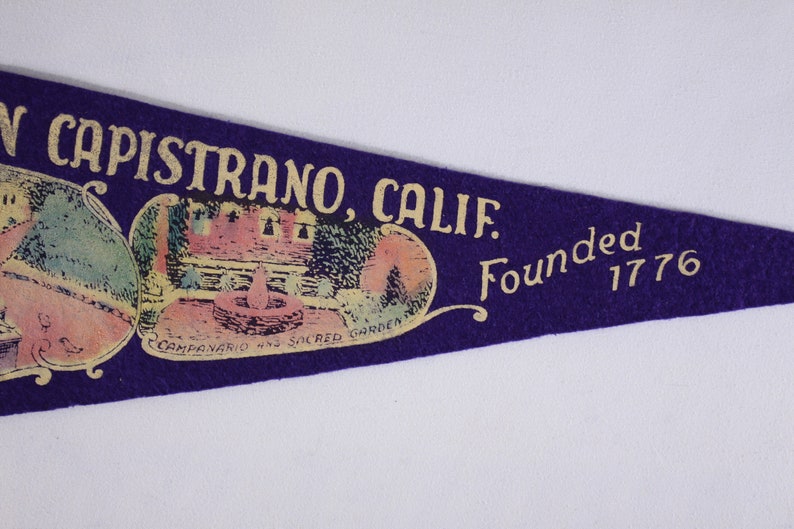 Vintage 27 Mission San Juan Capistrano California tourist souvenir pennant, dorm room decor flag image 6