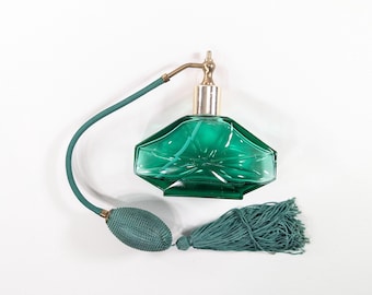 Atomizador de perfume de vidrio verde vintage, frasco de perfume estilo Art Déco, elegante pulverizador para plantas.