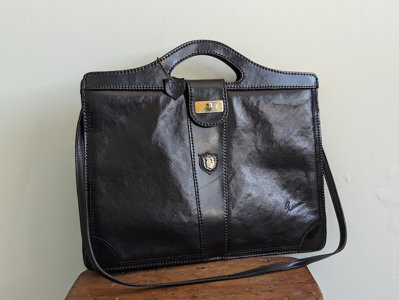 Vintage La Benci black leather attache briefcase monogram LB, vintage leather laptop bag with shoulder strap image 3