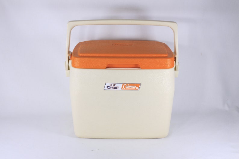 Vintage Coleman Lil Oscar cooler, model 5272 white with orange lid / cup holder, Made in Canada May 1985 image 4