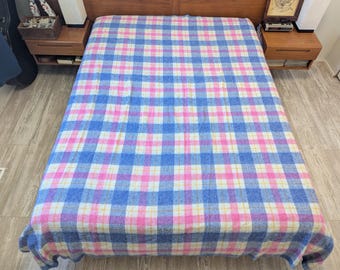 Vintage Ayers 82 x 93" Canadian Wool blend pink purple plaid blanket, 1990s tartan blanket