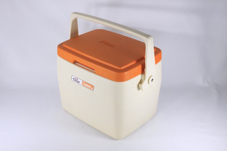 Vintage Coleman Lil Oscar cooler, model 5272 white with orange lid / cup holder, Made in Canada May 1985 image 2