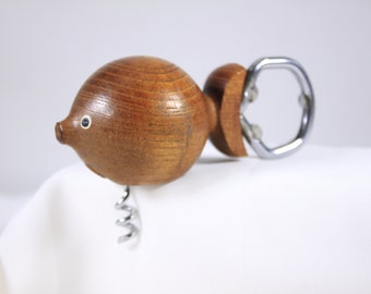 Danish modern fish Teak bottle opener and corkscrew, small round mid century modern bar wares, mcm nautical home decor