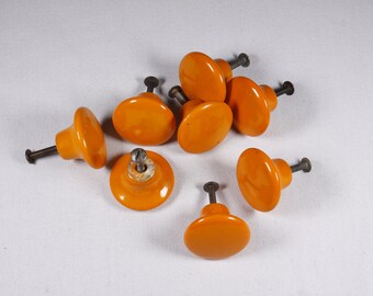 Vintage orange ceramic drawer pulls set of 8, Japanese drawer handles, colourful glazed porcelain furniture knobs