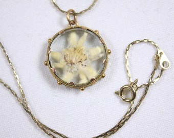 Vintage 9ct gold Edelweiss locket, small glass gold locket pressed flower display pendant, sweetheart pendant, love token