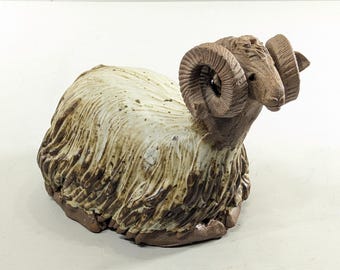 Vintage Pottery Ram Sculpture, Resting Sheep Figurine handmade ceramic mcm