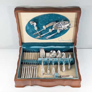 Könnte beinhalten: Eine hölzerne Besteckkiste mit blauem Samtinterieur. Die Kiste enthält ein komplettes Set an silberfarbenem Besteck der Marke Community, darunter Gabeln, Messer, Löffel und Servierutensilien. Der Deckel zeigt eine Auswahl an Teilen.