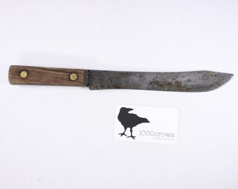 Antique Carbon steel butchers knife, full tang wood handled chefs blade, Vintage wood handle chefs knife