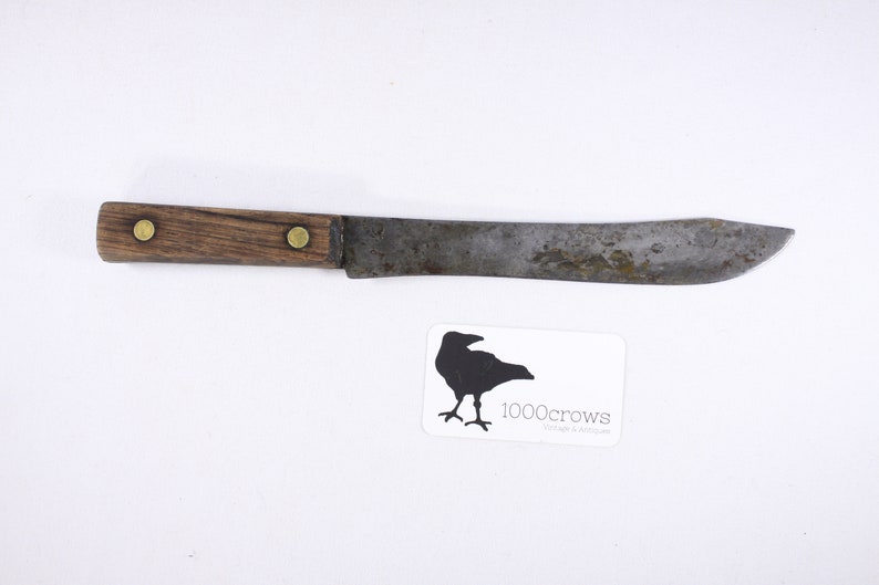 Antique Carbon steel butchers knife, full tang wood handled chefs blade, Vintage wood handle chefs knife image 1