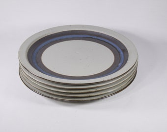 Vintage set of 4 + 1 OTAGIRI Horizons stoneware dinner plate 10-1/2" Handcrafted in Japan, grey blue rustic tablewares, dishwasher safe