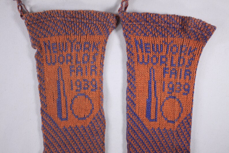 1939 New York Worlds Fair socks, Atomic Era Art Deco pair of socks in orange and blue image 2