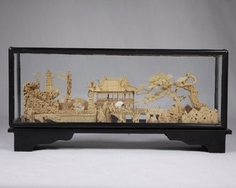 Vintage Chinese Cork Art diorama in Lacquered Wood Frame, San You rectangular glass display scenery