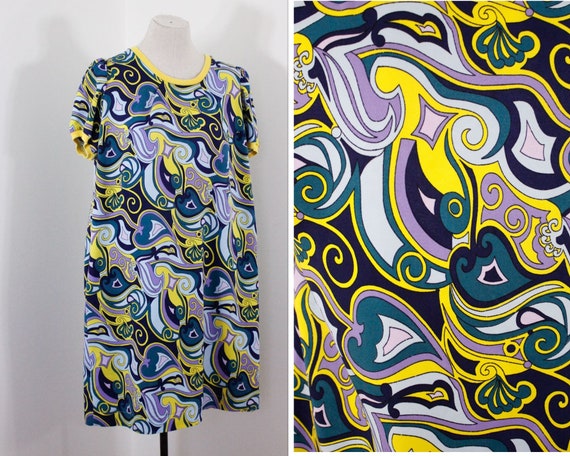 1960s mini dress, blue yellow psychedelic dress, b