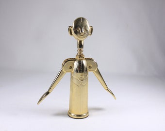 Vintage 8" SOMMELIER 'Pierre The Butler' Wine Bottle Opener Corkscrew, Gold plated Italian Bar Tool mid-century barware housewarming gift