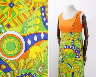 1960s bright coloured dress in electric orange and chartreuse green W30”, psychedelic print dress