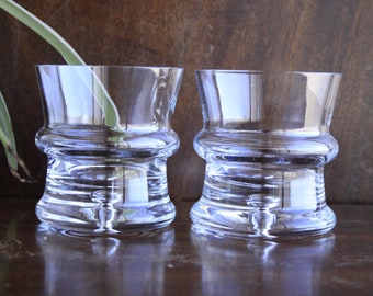 1960s set of 2 lowball whiskey glasses, Bubble Base Old Fashioned raised middle rim