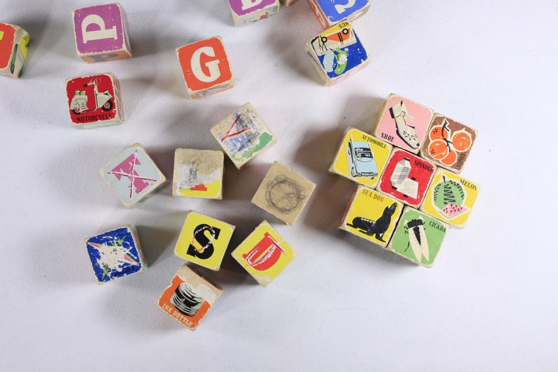 1960s mcm retro Picture Cubes AS IS, WB 260 made in China, alphabet blocks animals items spelling words reading teaching aid image 8