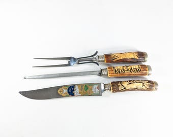 1950s Hubertus Kuno Ritter Carving Set: Solingen Germany Stag Handle Etched Blade