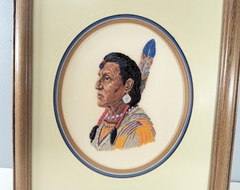 Jean McIntosh Native American Portrait of a Chieftain, Framed Cross stitch, Vintage First Nations Petit Point Needlework