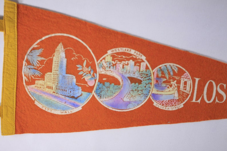 1950s Los Angeles tourist souvenir pennant 26, orange felt banner, student dorm room gift image 4