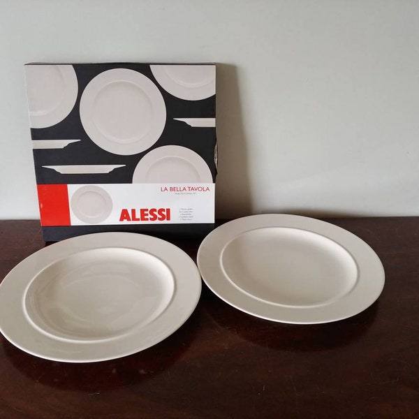 1993 white Alessi Dinner plates by Ettore Sottsass, Alessi La Bella Tavola boxed set of 2 plates, Holiday table setting