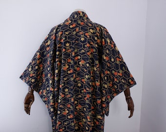 Vintage crepe silk kimono maple leaf chrysanthemum, casual navy Japanese kimono, summer bathrobe, peignoir