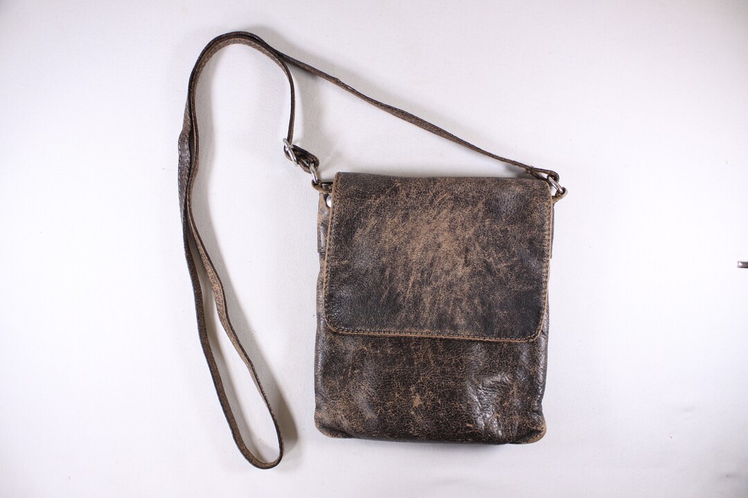 Vintage Distressed Brown Leather Crossbody Purse, Biker Rocker Festival ...